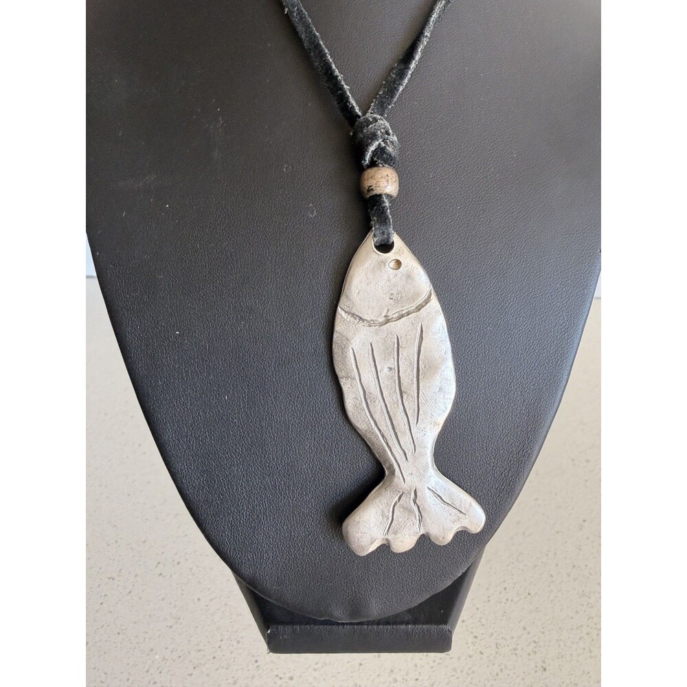 Vintage JACKY DE G Paris Fish Pendant Necklace Black Cord Silver Tone Boho